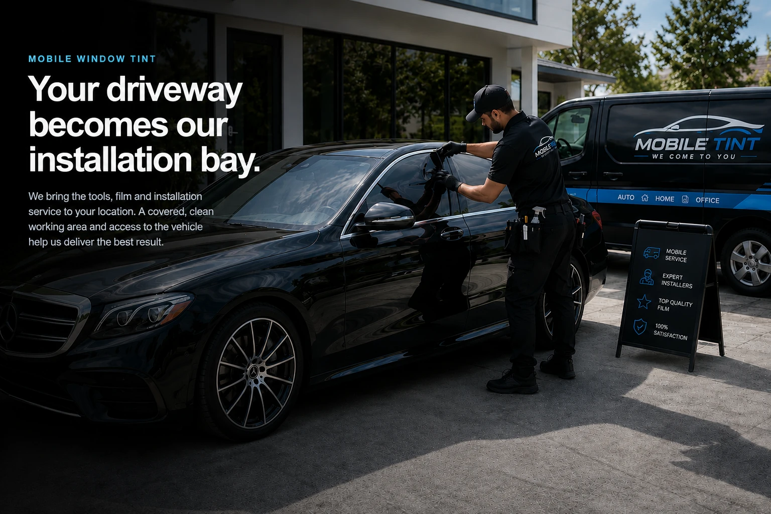 Mobile Window Tint technician installing automotive window tint at a customer's driveway